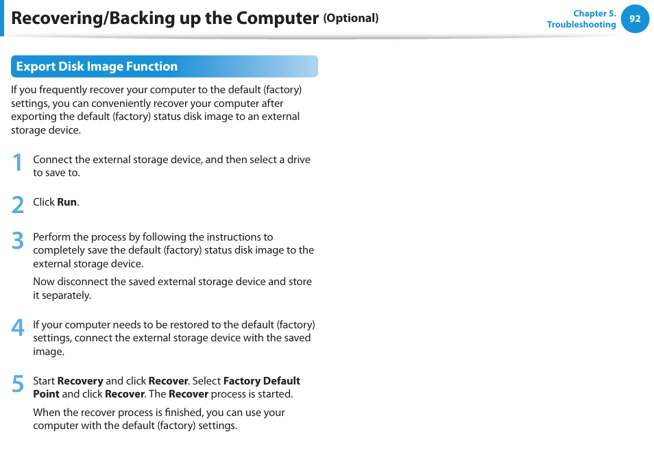 Recovering/backing up the computer | Samsung NP270E5G-K02US User Manual | Page 93 / 129