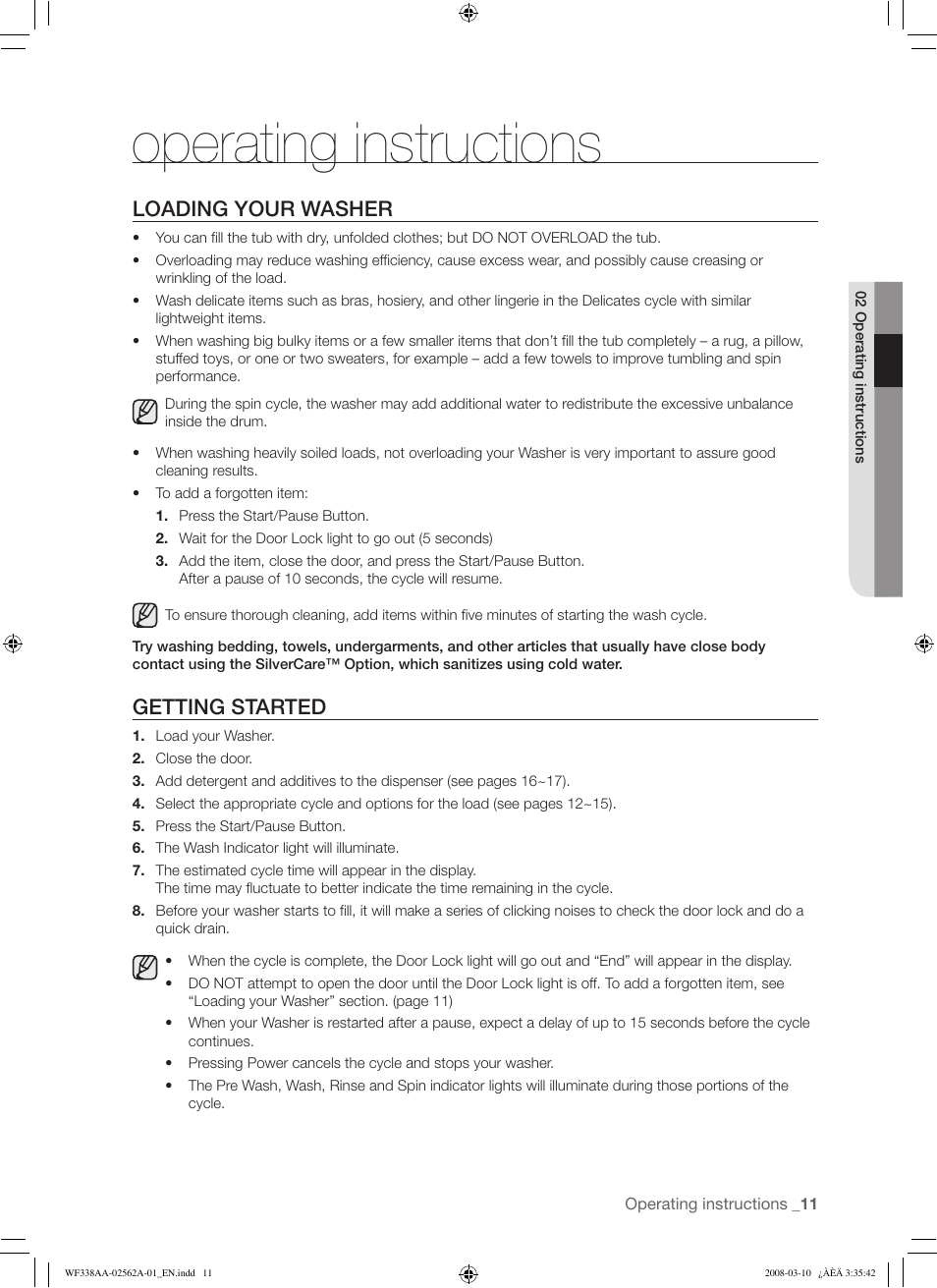 Operating instructions, Loading your washer, Getting started | Samsung WF338AAB-XAA User Manual | Page 11 / 60