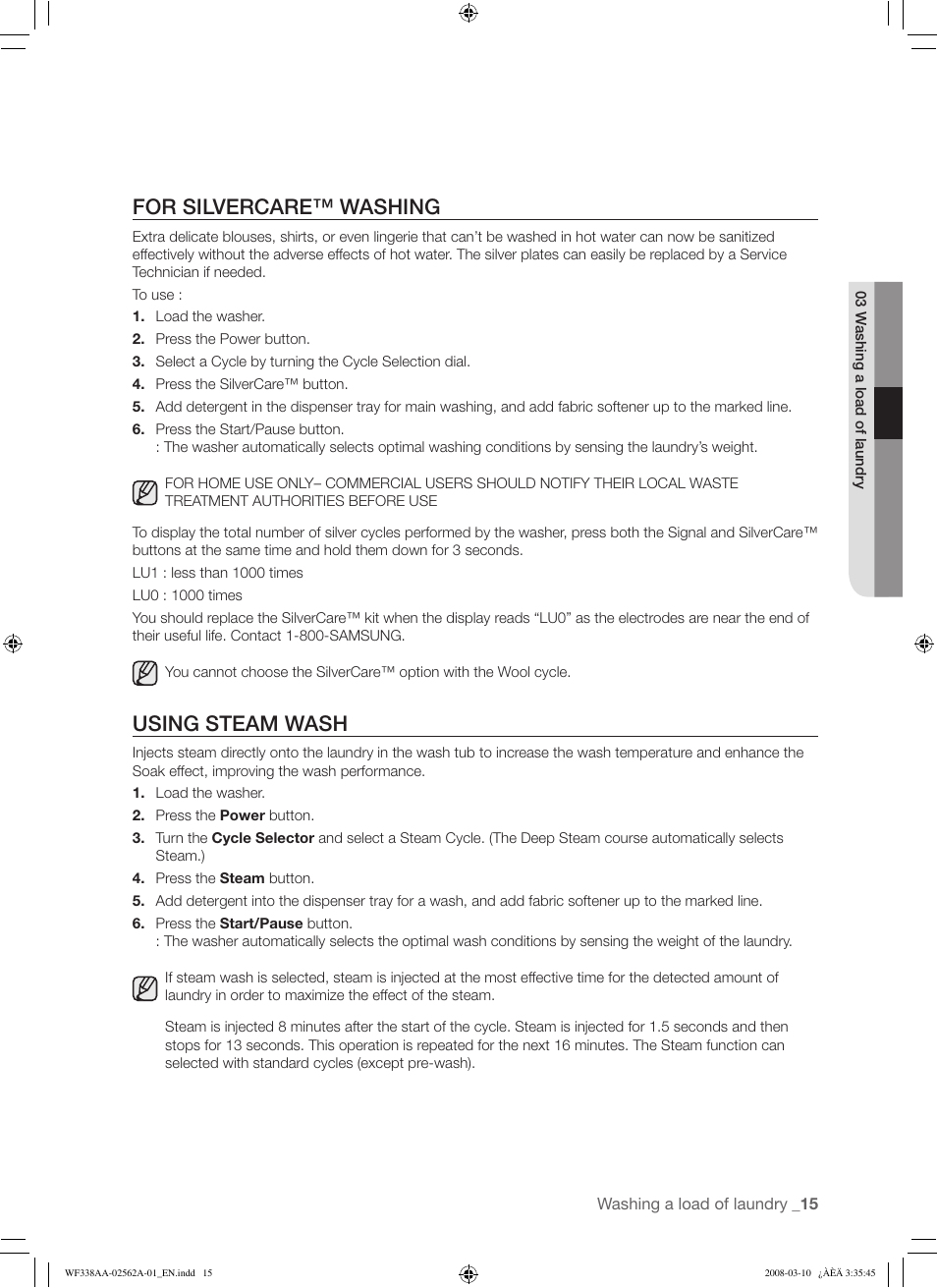 For silvercare™ washing, Using steam wash | Samsung WF338AAB-XAA User Manual | Page 15 / 60