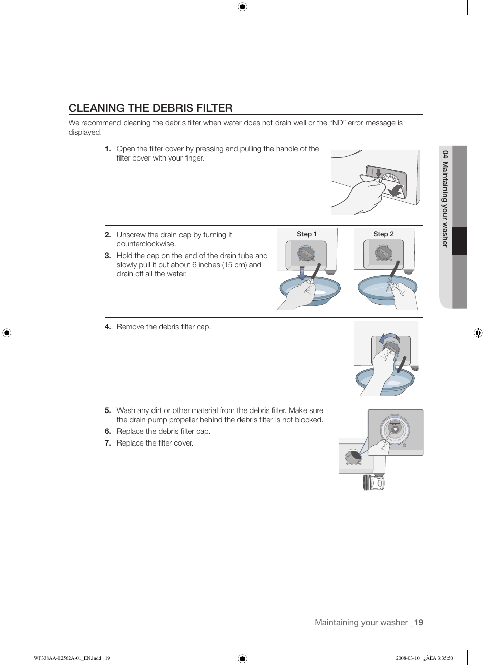 Cleaning the debris filter | Samsung WF338AAB-XAA User Manual | Page 19 / 60