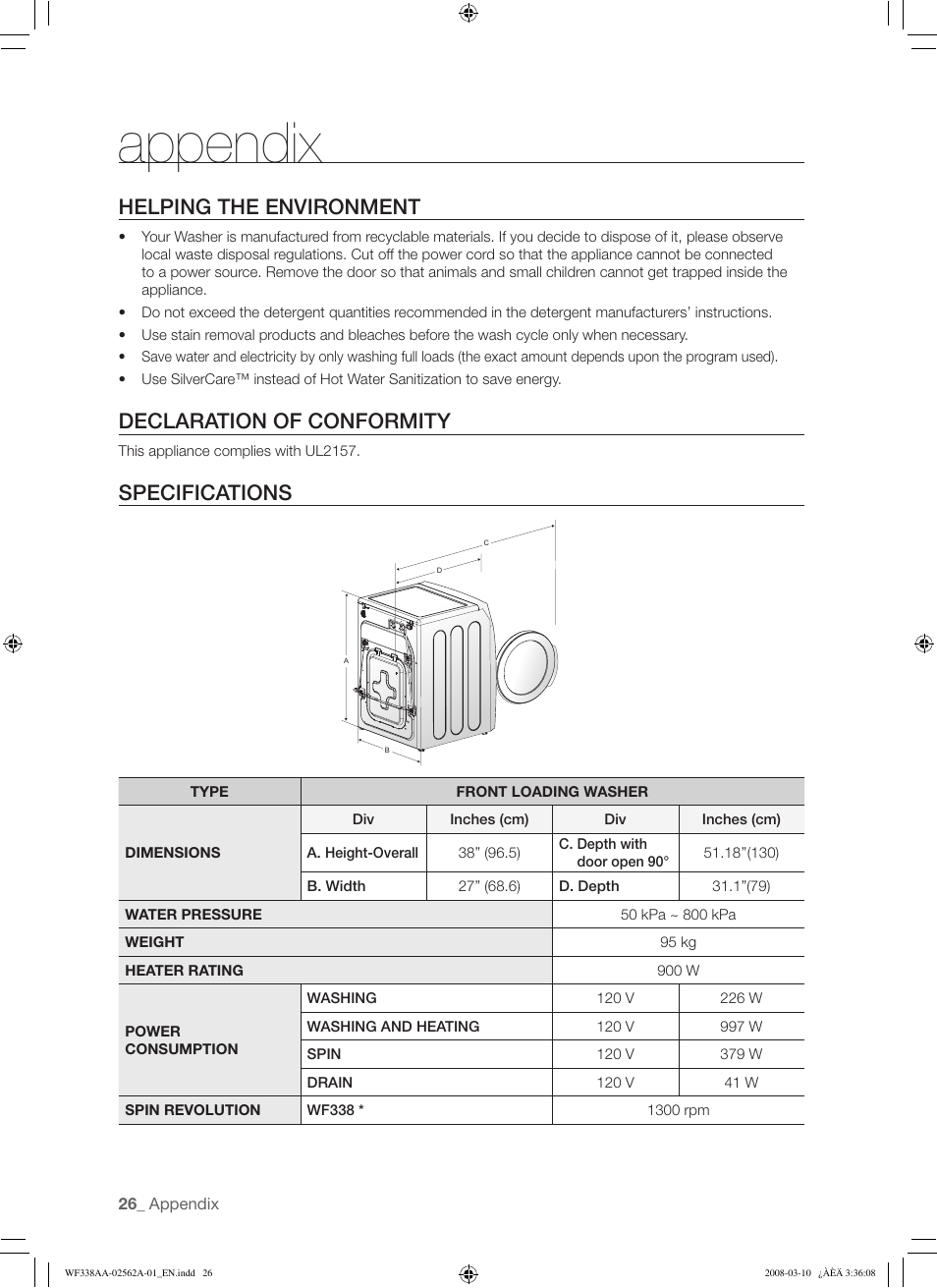 Appendix, Helping the environment, Declaration of conformity | Specifications | Samsung WF338AAB-XAA User Manual | Page 26 / 60