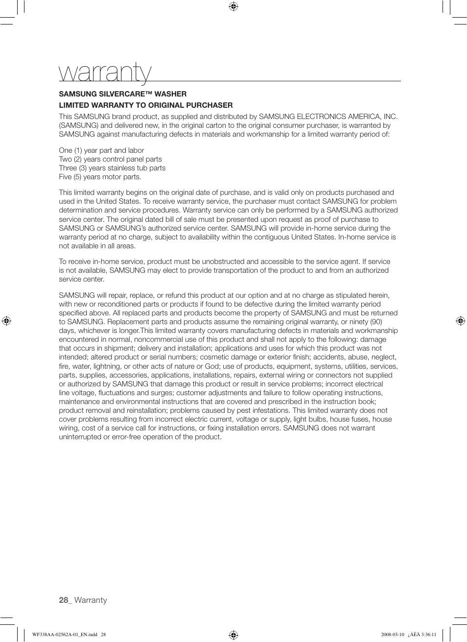 Warranty | Samsung WF338AAB-XAA User Manual | Page 28 / 60