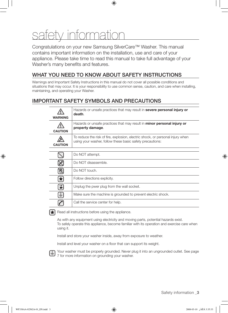 Safety information, What you need to know about safety instructions, Important safety symbols and precautions | Samsung WF338AAB-XAA User Manual | Page 3 / 60