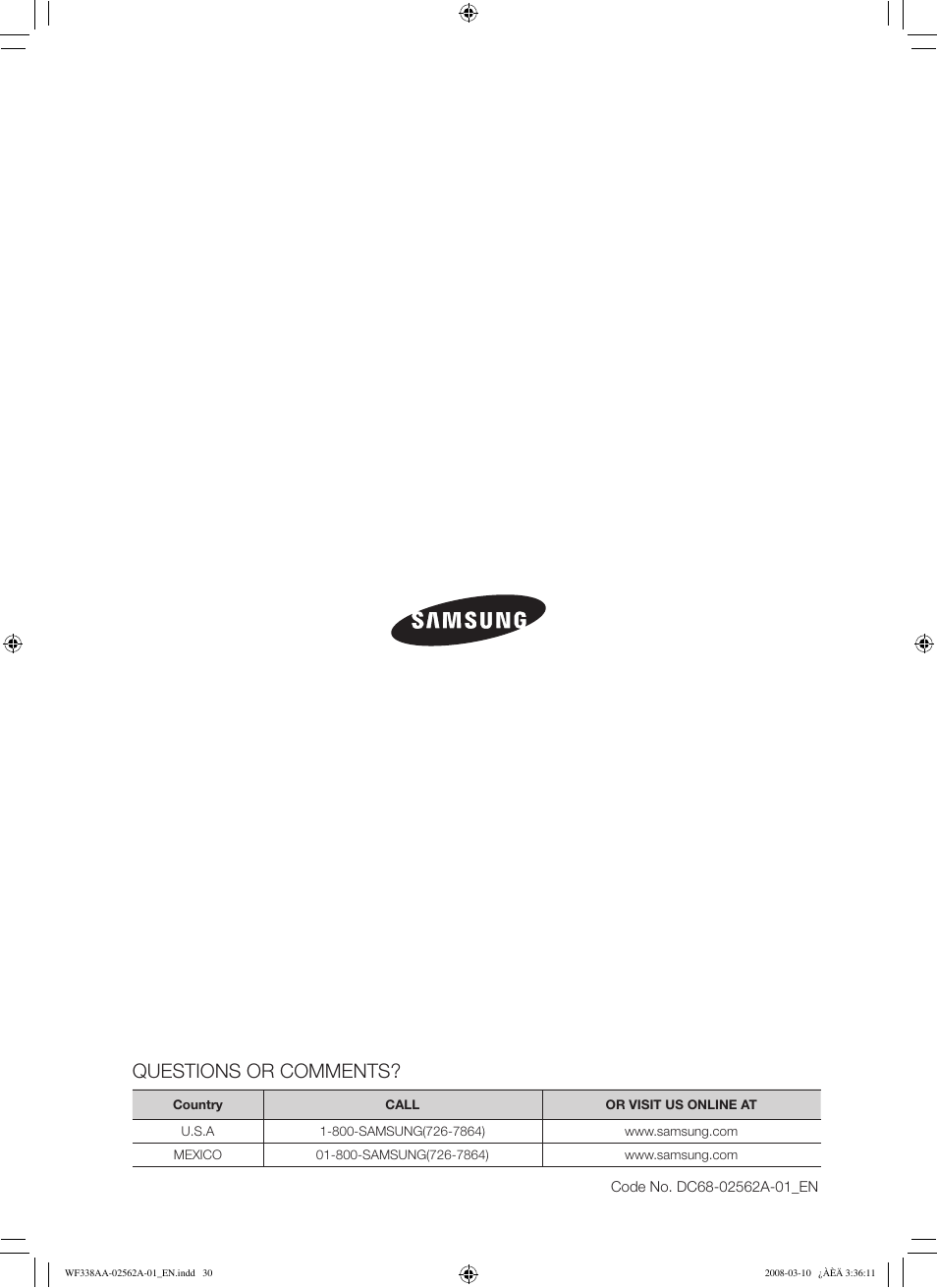 Questions or comments | Samsung WF338AAB-XAA User Manual | Page 30 / 60