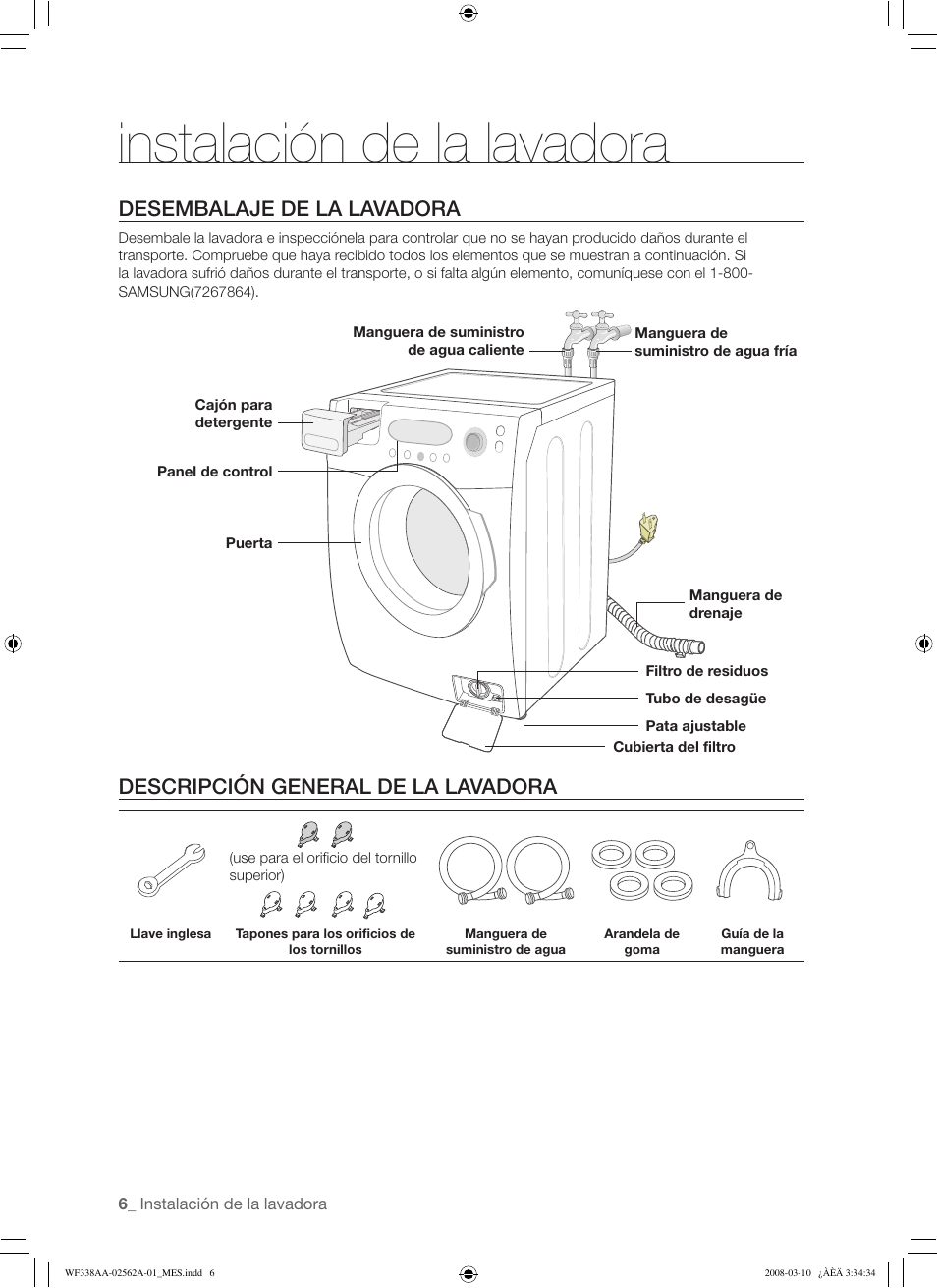 Instalación de la lavadora, Desembalaje de la lavadora, Descripción general de la lavadora | Samsung WF338AAB-XAA User Manual | Page 36 / 60