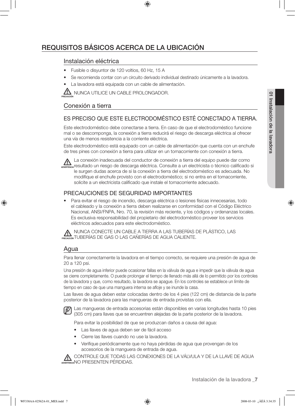 Requisitos básicos acerca de la ubicación, Instalación eléctrica, Conexión a tierra | Agua, Precauciones de seguridad importantes | Samsung WF338AAB-XAA User Manual | Page 37 / 60