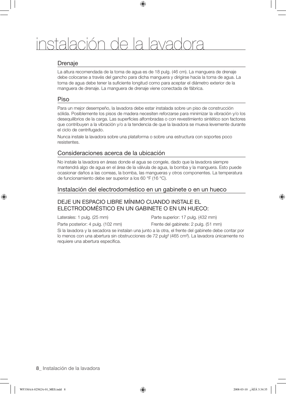Instalación de la lavadora | Samsung WF338AAB-XAA User Manual | Page 38 / 60