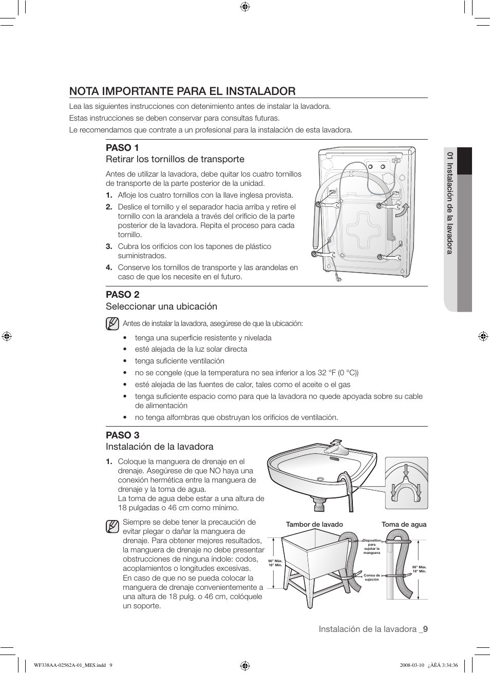 Nota importante para el instalador, Paso 1 retirar los tornillos de transporte, Paso 2 seleccionar una ubicación | Paso 3 instalación de la lavadora | Samsung WF338AAB-XAA User Manual | Page 39 / 60