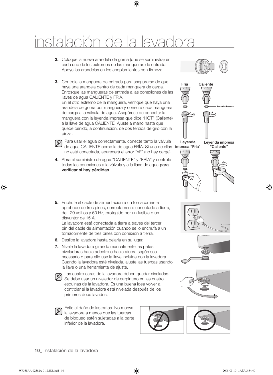 Instalación de la lavadora | Samsung WF338AAB-XAA User Manual | Page 40 / 60