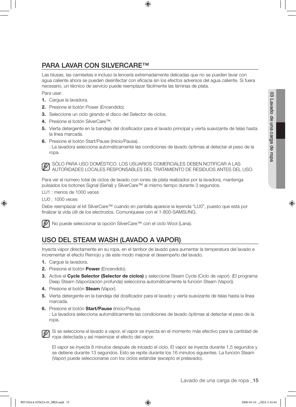 Para lavar con silvercare, Uso del steam wash (lavado a vapor) | Samsung WF338AAB-XAA User Manual | Page 45 / 60