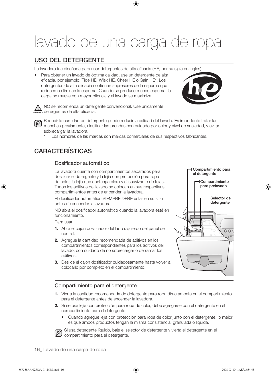 Lavado de una carga de ropa, Uso del detergente, Características | Samsung WF338AAB-XAA User Manual | Page 46 / 60