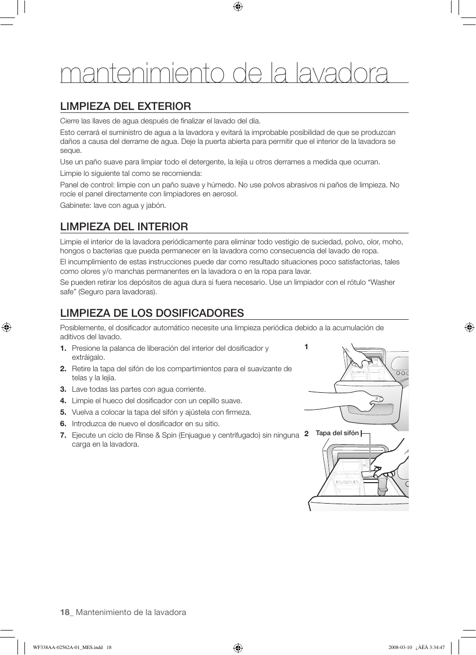 Mantenimiento de la lavadora, Limpieza del exterior, Limpieza del interior | Limpieza de los dosificadores | Samsung WF338AAB-XAA User Manual | Page 48 / 60