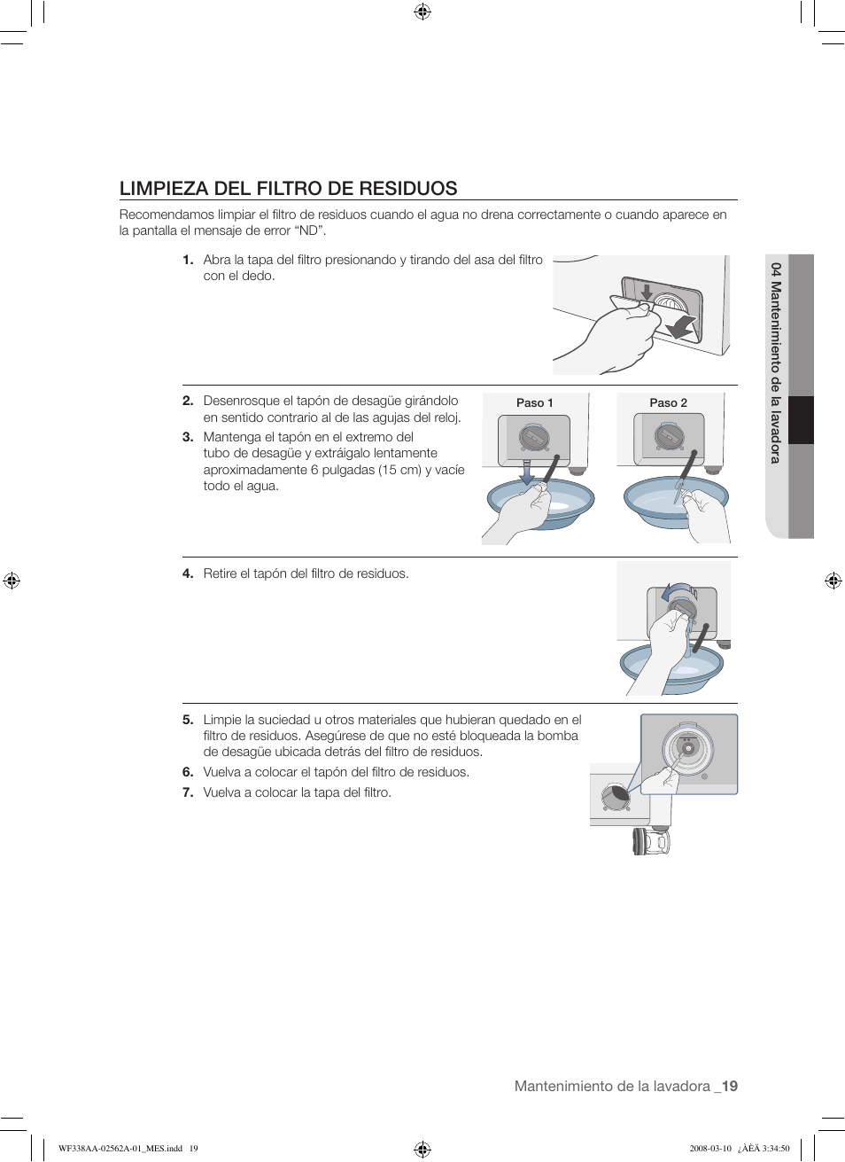 Limpieza del filtro de residuos | Samsung WF338AAB-XAA User Manual | Page 49 / 60