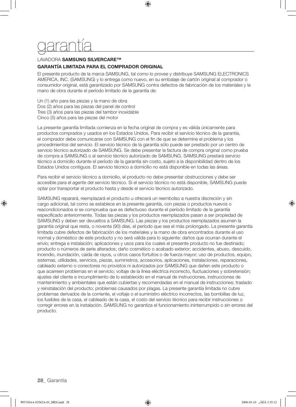Garantía | Samsung WF338AAB-XAA User Manual | Page 58 / 60