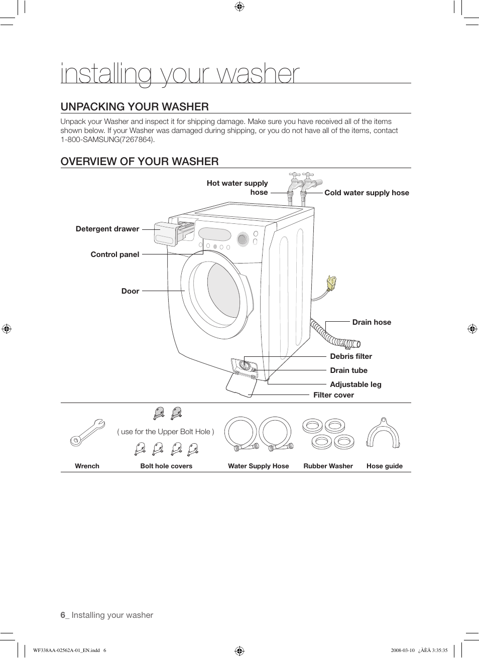 Installing your washer, Unpacking your washer, Overview of your washer | Samsung WF338AAB-XAA User Manual | Page 6 / 60