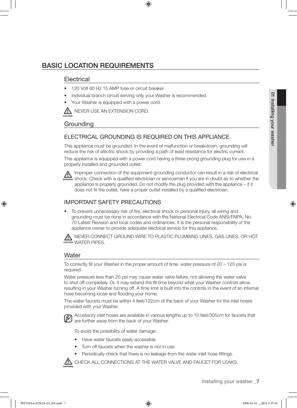 Basic location requirements, Electrical, Grounding | Water, Electrical grounding is required on this appliance, Important safety precautions | Samsung WF338AAB-XAA User Manual | Page 7 / 60