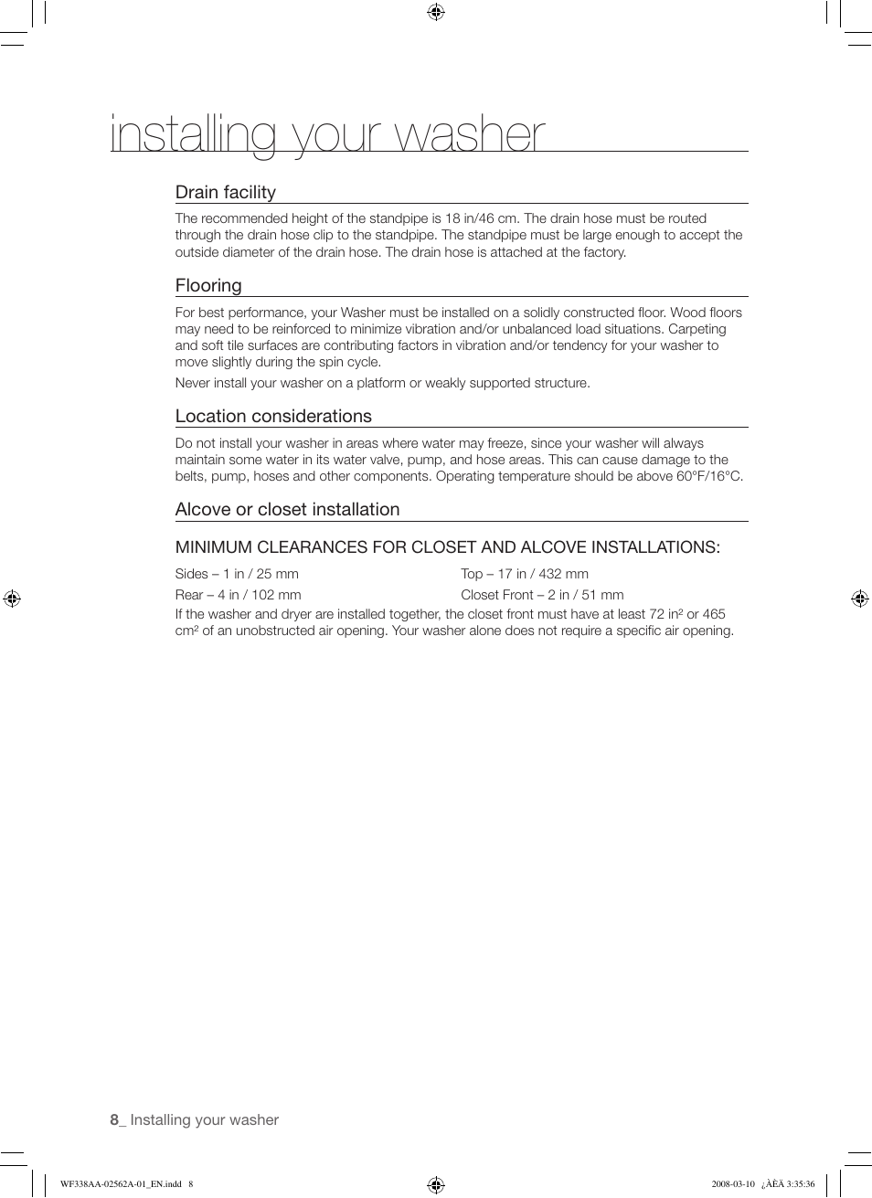 Installing your washer | Samsung WF338AAB-XAA User Manual | Page 8 / 60