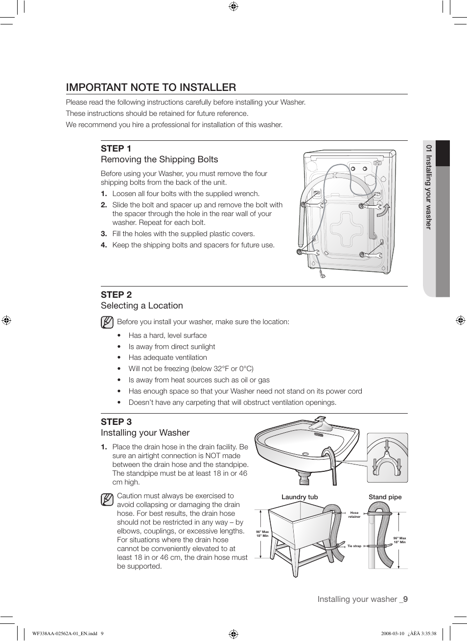 Step 1 removing the shipping bolts, Step 2 selecting a location, Step 3 installing your washer | Samsung WF338AAB-XAA User Manual | Page 9 / 60