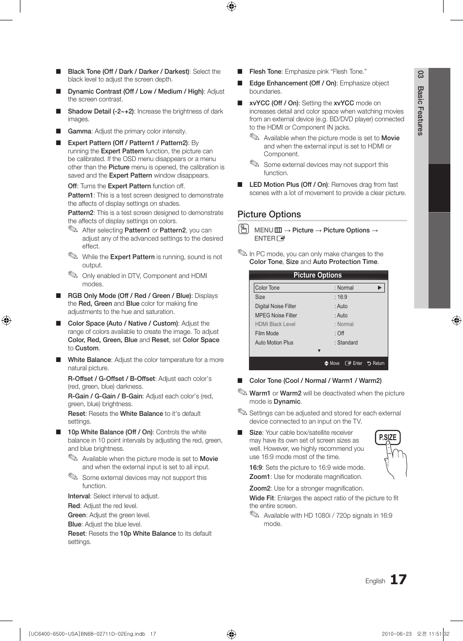 Picture options | Samsung UN55C6500VFXZA User Manual | Page 17 / 64