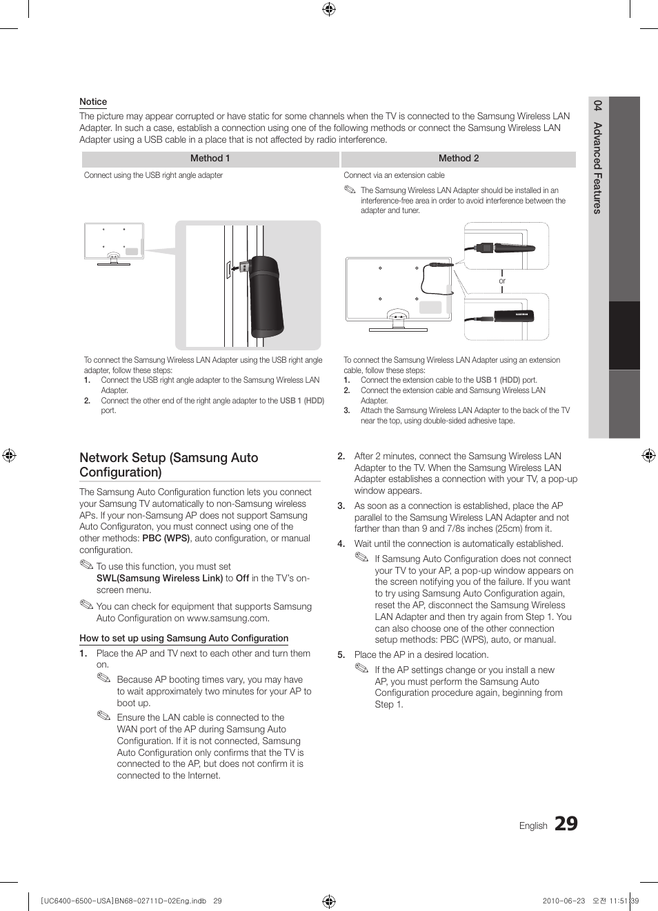 Network setup (samsung auto configuration) | Samsung UN55C6500VFXZA User Manual | Page 29 / 64