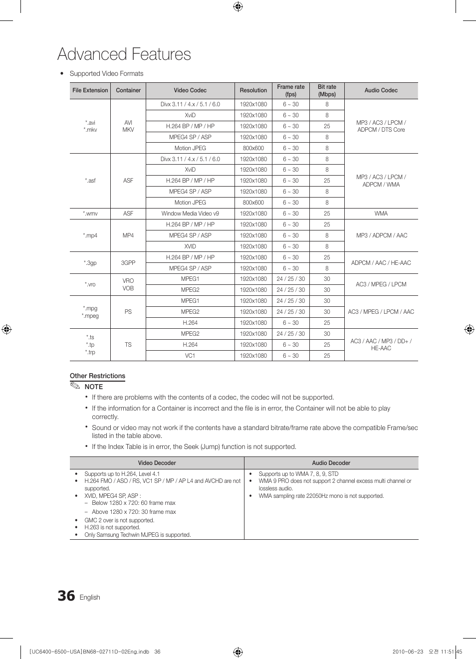 Advanced features | Samsung UN55C6500VFXZA User Manual | Page 36 / 64