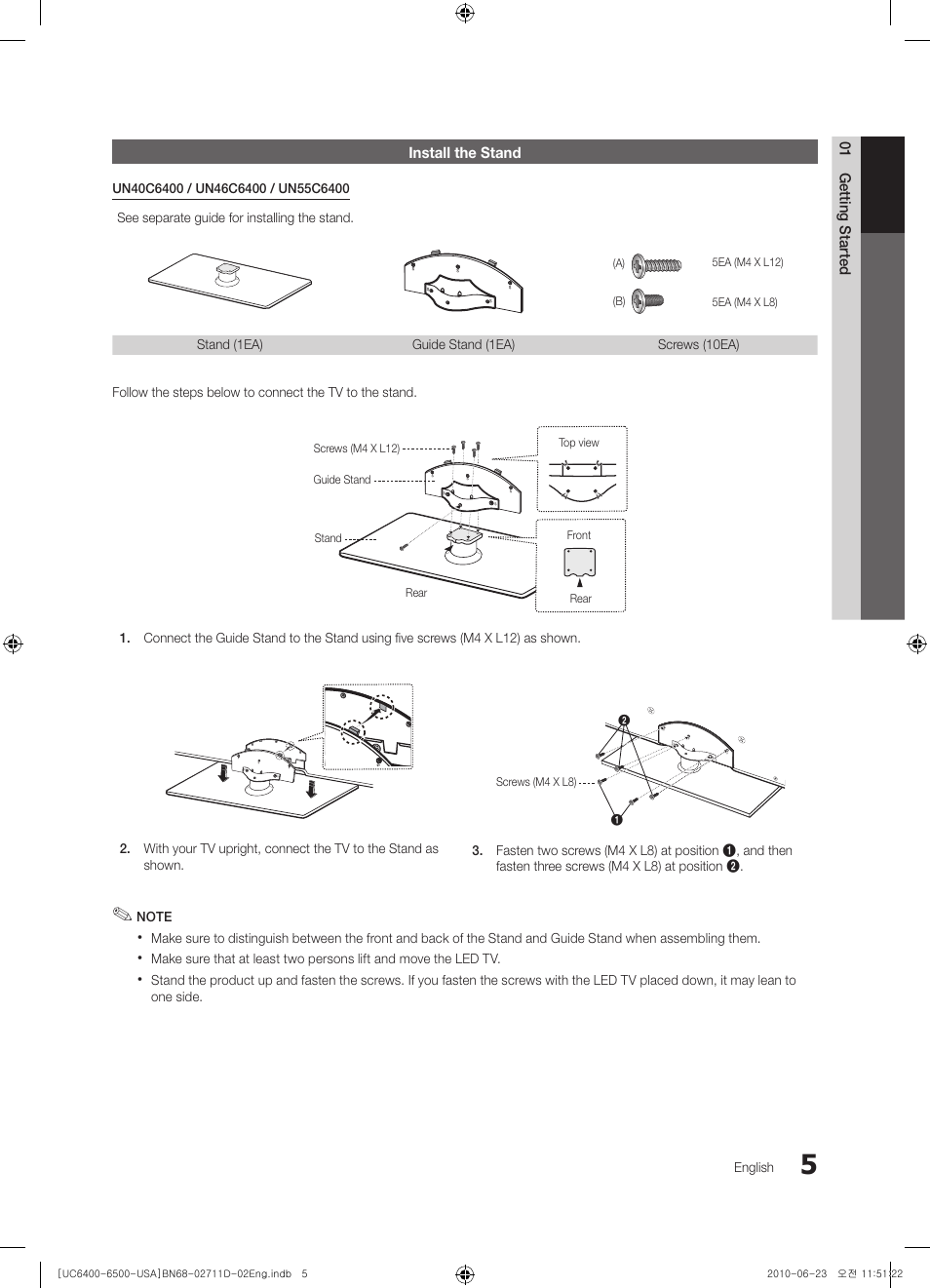 Install the stand, 01 getting started | Samsung UN55C6500VFXZA User Manual | Page 5 / 64