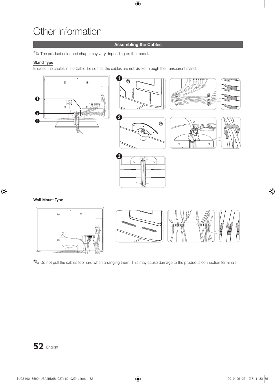 Other information, Assembling the cables, Installing the wall mount | Anti-theft kensington lock | Samsung UN55C6500VFXZA User Manual | Page 52 / 64