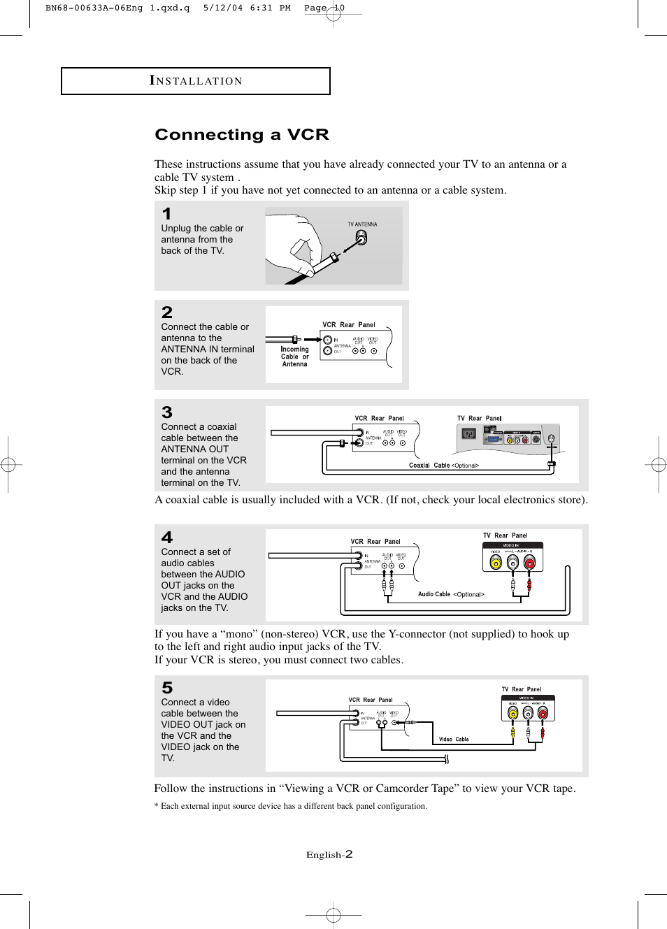 Connecting a vcr | Samsung LTP1545X-XAC User Manual | Page 2 / 8