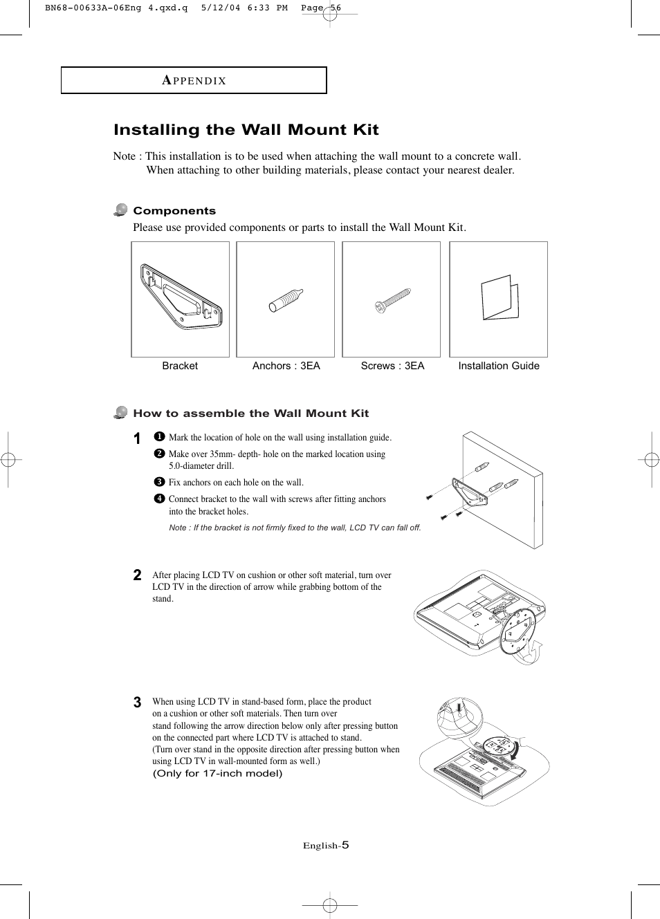 Installing the wall mount kit | Samsung LTP1545X-XAC User Manual | Page 5 / 8