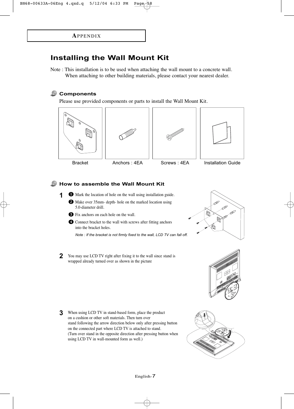 Installing the wall mount kit | Samsung LTP1545X-XAC User Manual | Page 7 / 8