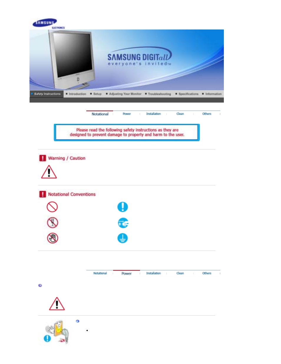 Safety instructions, Notational, Power | Samsung RT19FSSS User Manual | Page 2 / 60