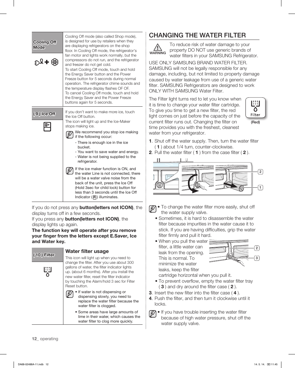 Changing the water filter | Samsung RFG298HDRS-XAA User Manual | Page 12 / 80