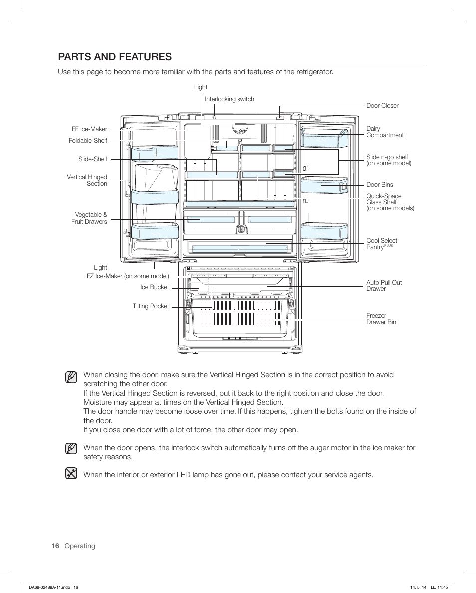 Parts and features | Samsung RFG298HDRS-XAA User Manual | Page 16 / 80