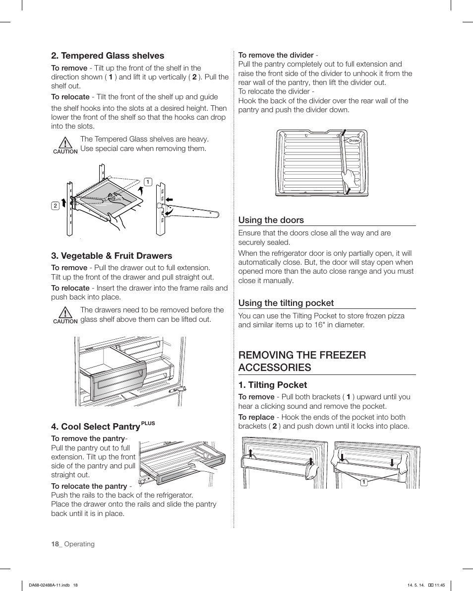 Removing the freezer accessories, Tempered glass shelves, Vegetable & fruit drawers | Cool select pantry, Using the doors, Using the tilting pocket, Tilting pocket | Samsung RFG298HDRS-XAA User Manual | Page 18 / 80