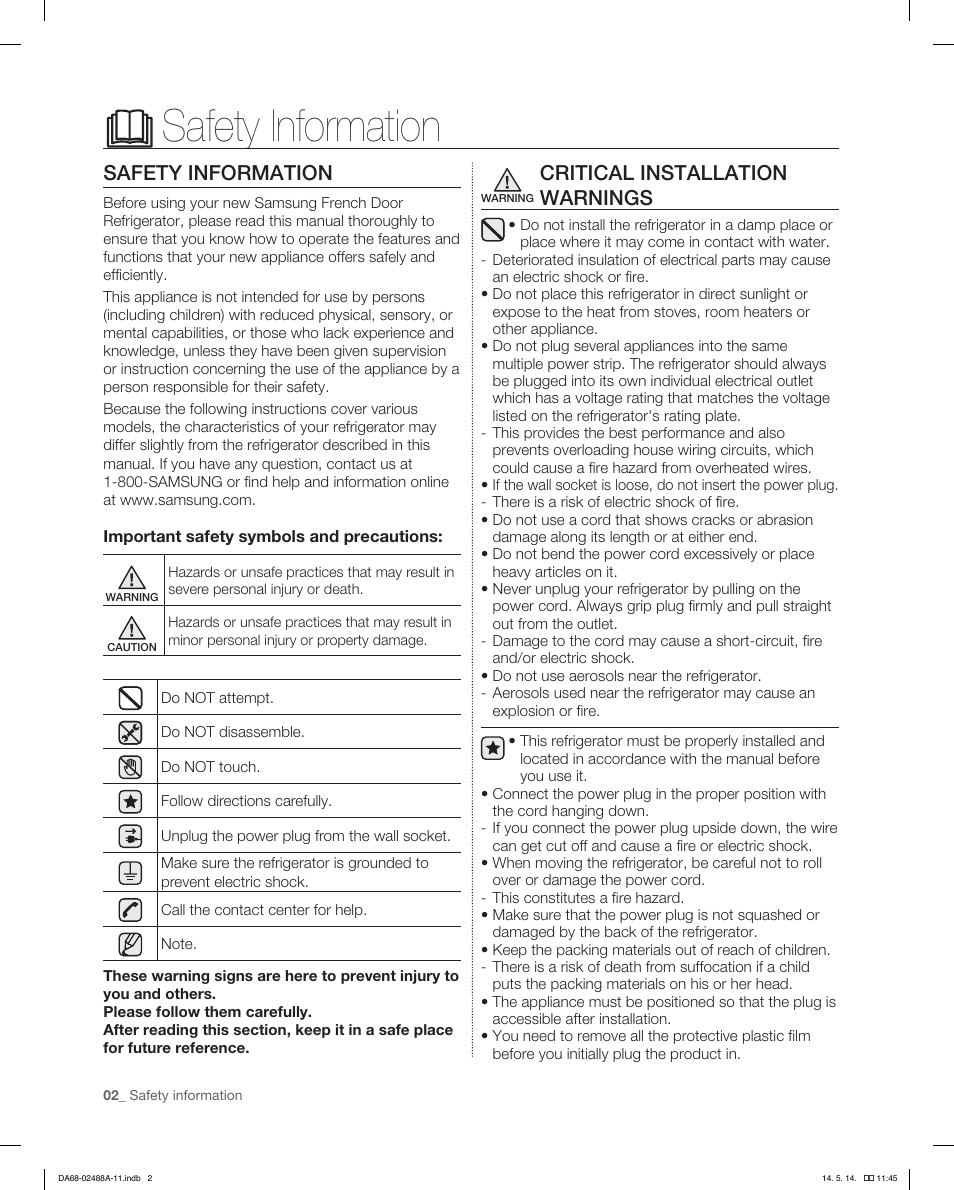 Safety information, Critical installation warnings | Samsung RFG298HDRS-XAA User Manual | Page 2 / 80