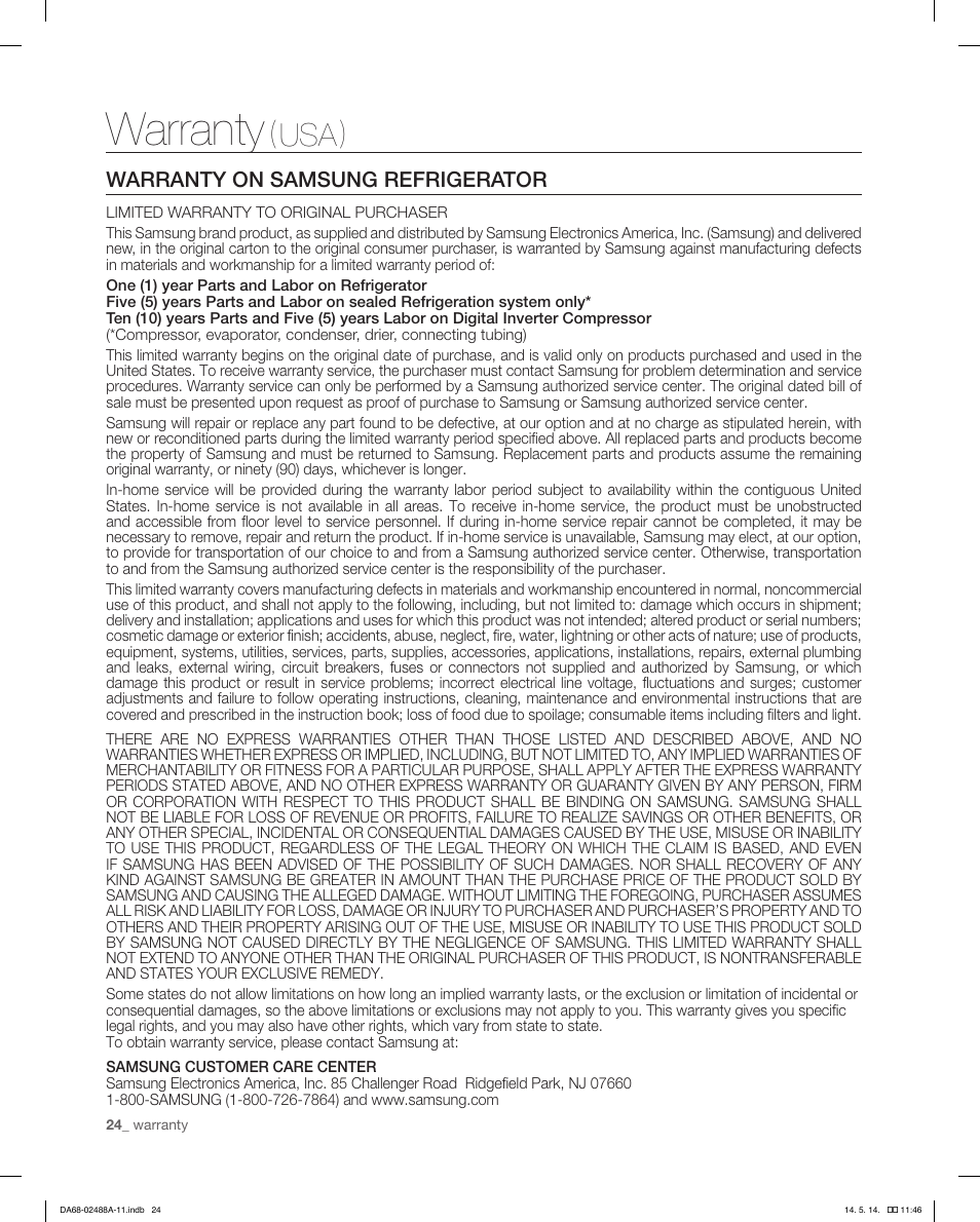 Warranty, Usa), Warranty on samsung refrigerator | Samsung RFG298HDRS-XAA User Manual | Page 24 / 80