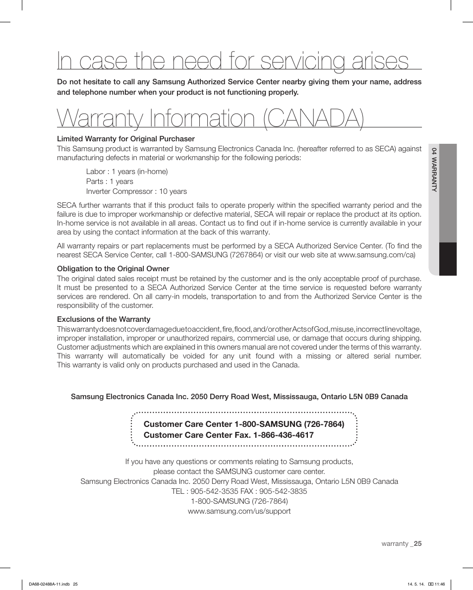 Warranty information (canada) | Samsung RFG298HDRS-XAA User Manual | Page 25 / 80