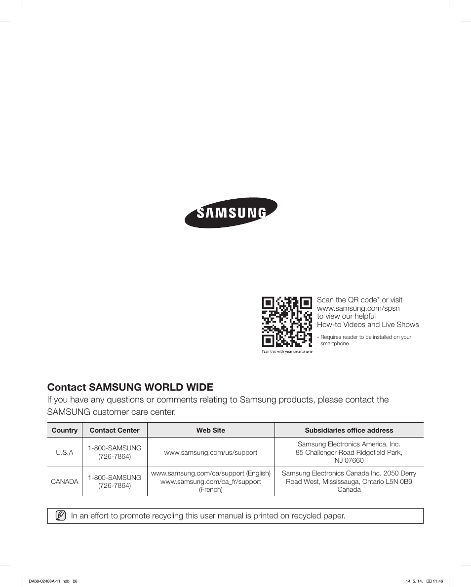 Contact samsung world wide | Samsung RFG298HDRS-XAA User Manual | Page 26 / 80
