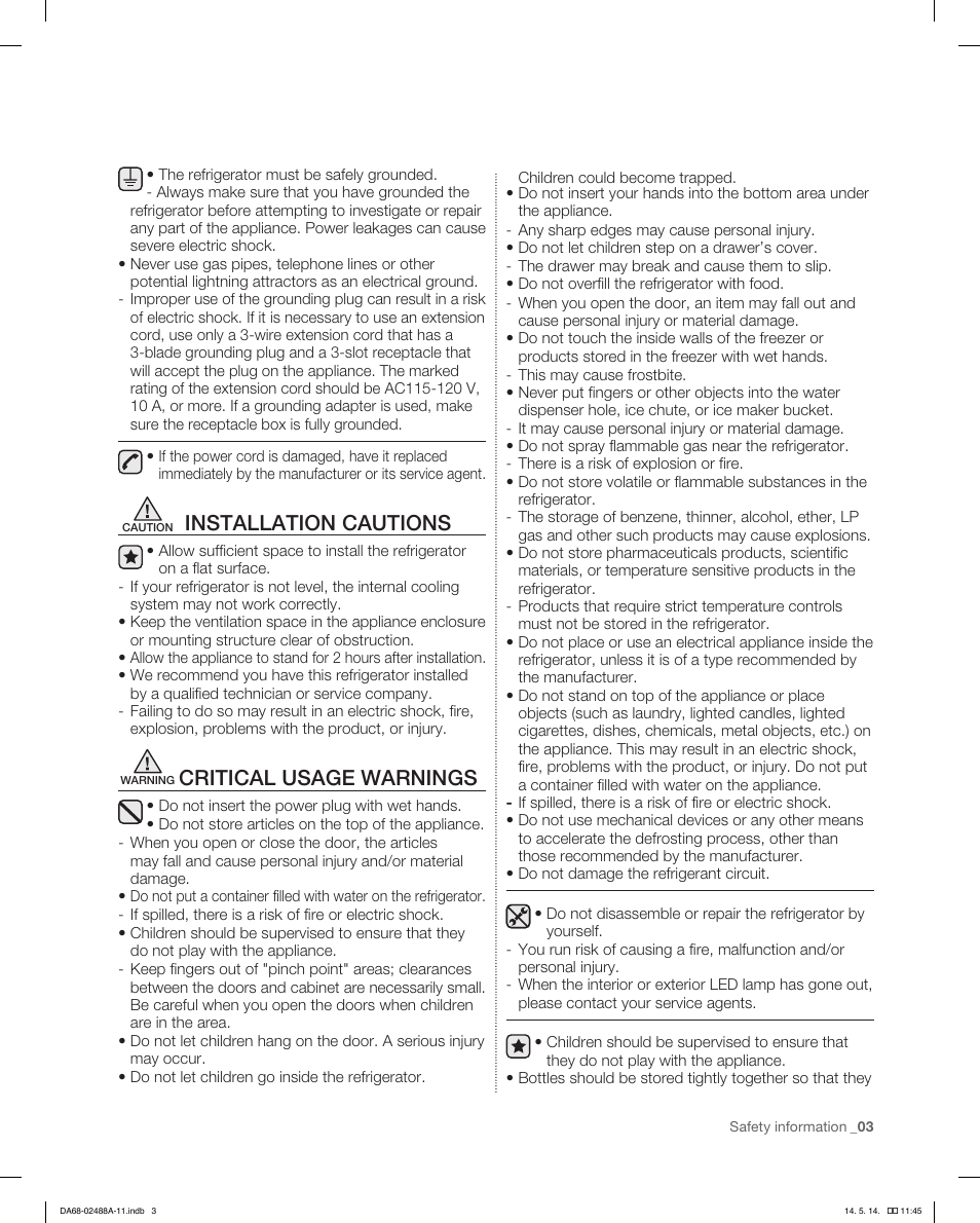 Installation cautions, Critical usage warnings | Samsung RFG298HDRS-XAA User Manual | Page 3 / 80