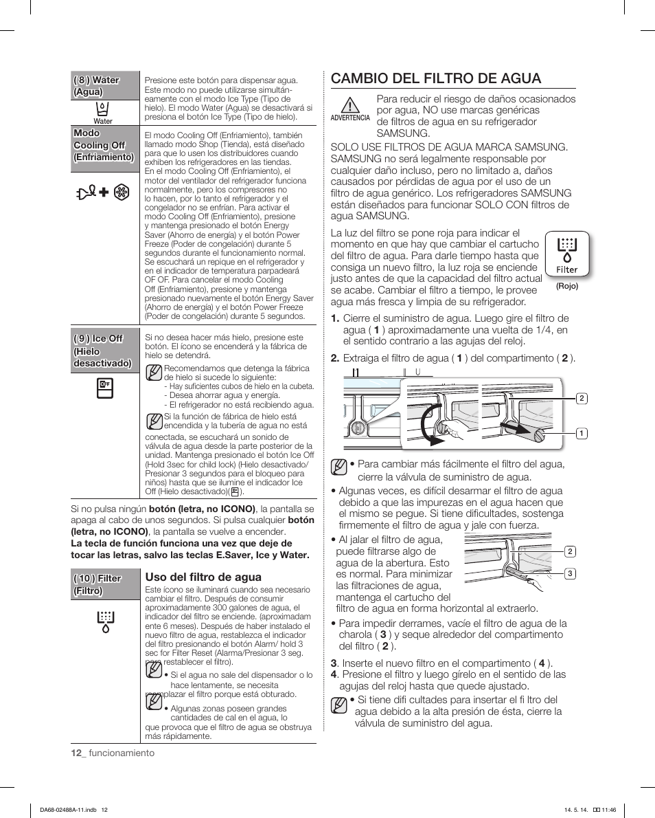 Cambio del filtro de agua | Samsung RFG298HDRS-XAA User Manual | Page 38 / 80