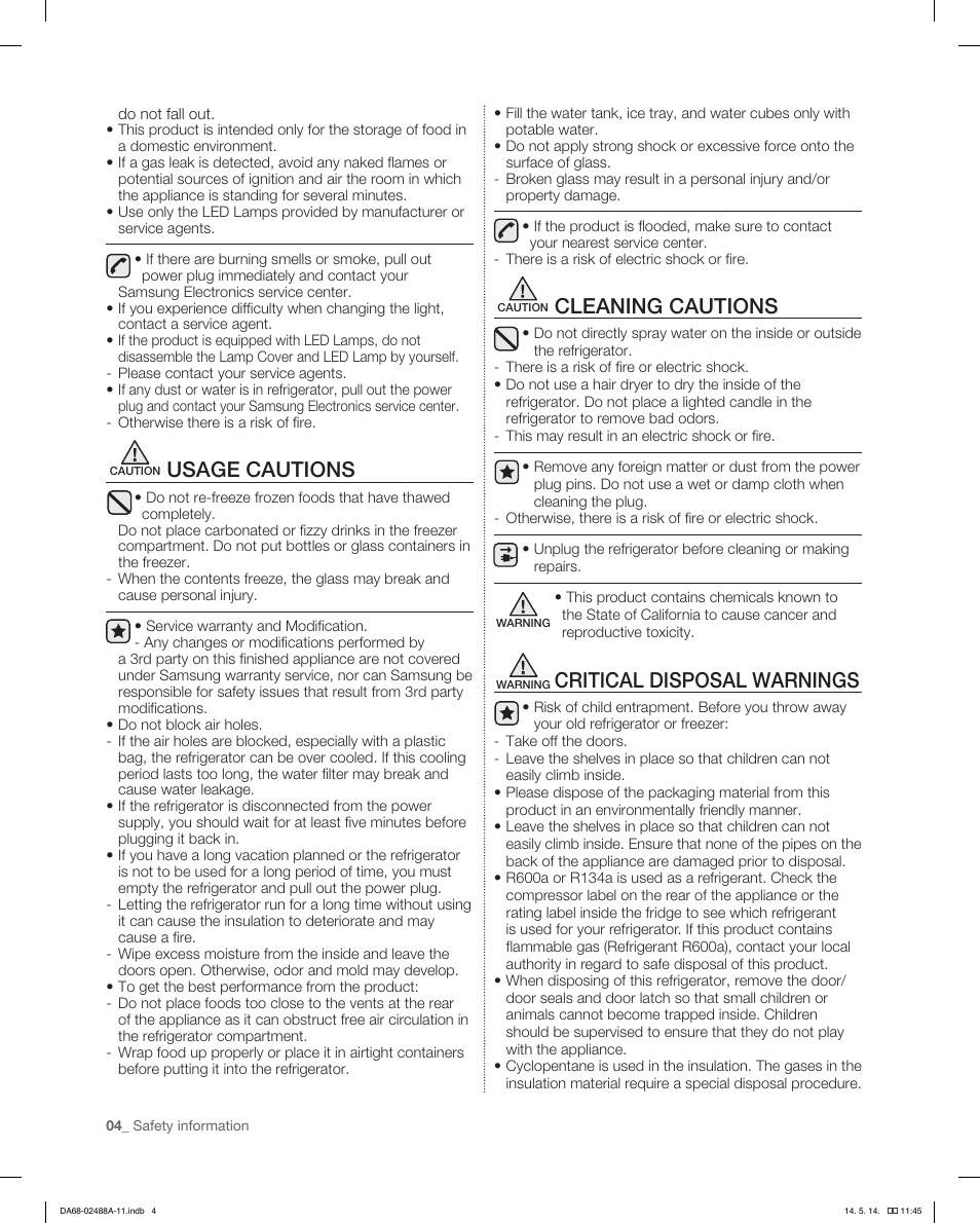 Usage cautions, Cleaning cautions, Critical disposal warnings | Samsung RFG298HDRS-XAA User Manual | Page 4 / 80