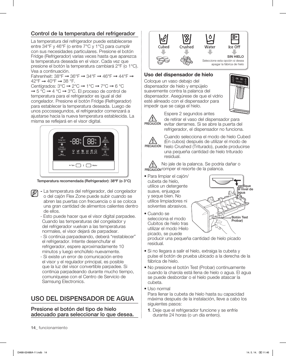 Uso del dispensador de agua, Control de la temperatura del refrigerador | Samsung RFG298HDRS-XAA User Manual | Page 40 / 80