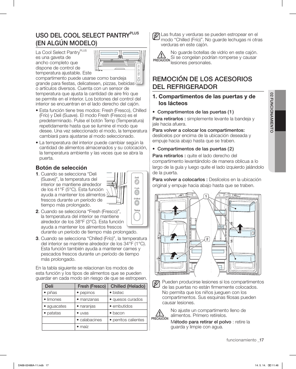 Uso del cool select pantry, En algún modelo), Remoción de los acesorios del refrigerador | Botón de selección, Compartimentos de las puertas y de los lácteos | Samsung RFG298HDRS-XAA User Manual | Page 43 / 80