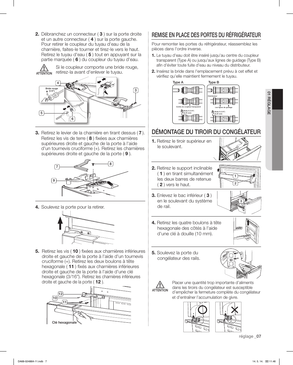 Remise en place des portes du réfrigérateur, Démontage du tiroir du congélateur | Samsung RFG298HDRS-XAA User Manual | Page 59 / 80