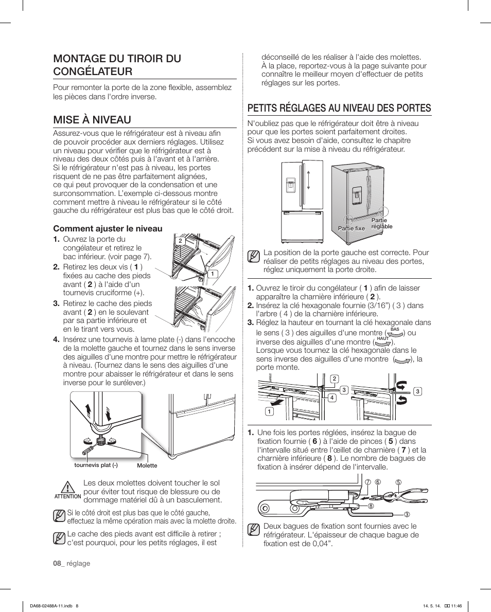 Montage du tiroir du congélateur, Mise à niveau, Petits réglages au niveau des portes | Samsung RFG298HDRS-XAA User Manual | Page 60 / 80