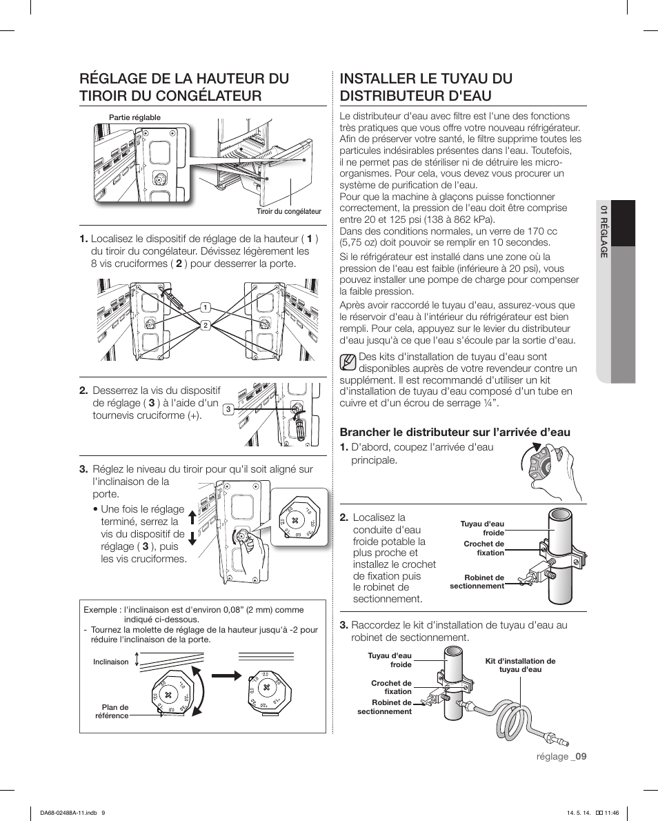 Réglage de la hauteur du tiroir du congélateur, Installer le tuyau du distributeur d'eau | Samsung RFG298HDRS-XAA User Manual | Page 61 / 80