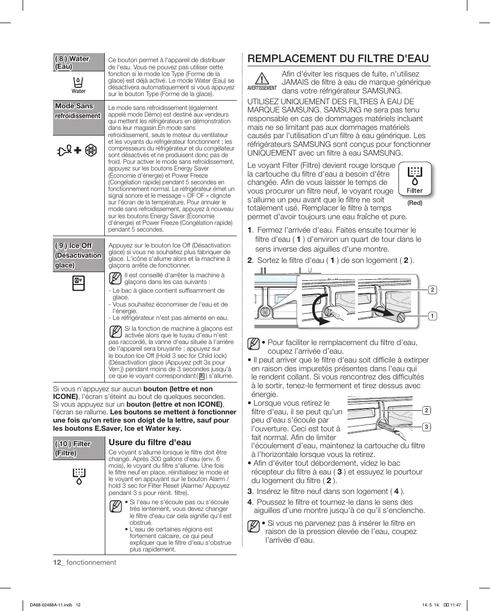 Remplacement du filtre d'eau | Samsung RFG298HDRS-XAA User Manual | Page 64 / 80