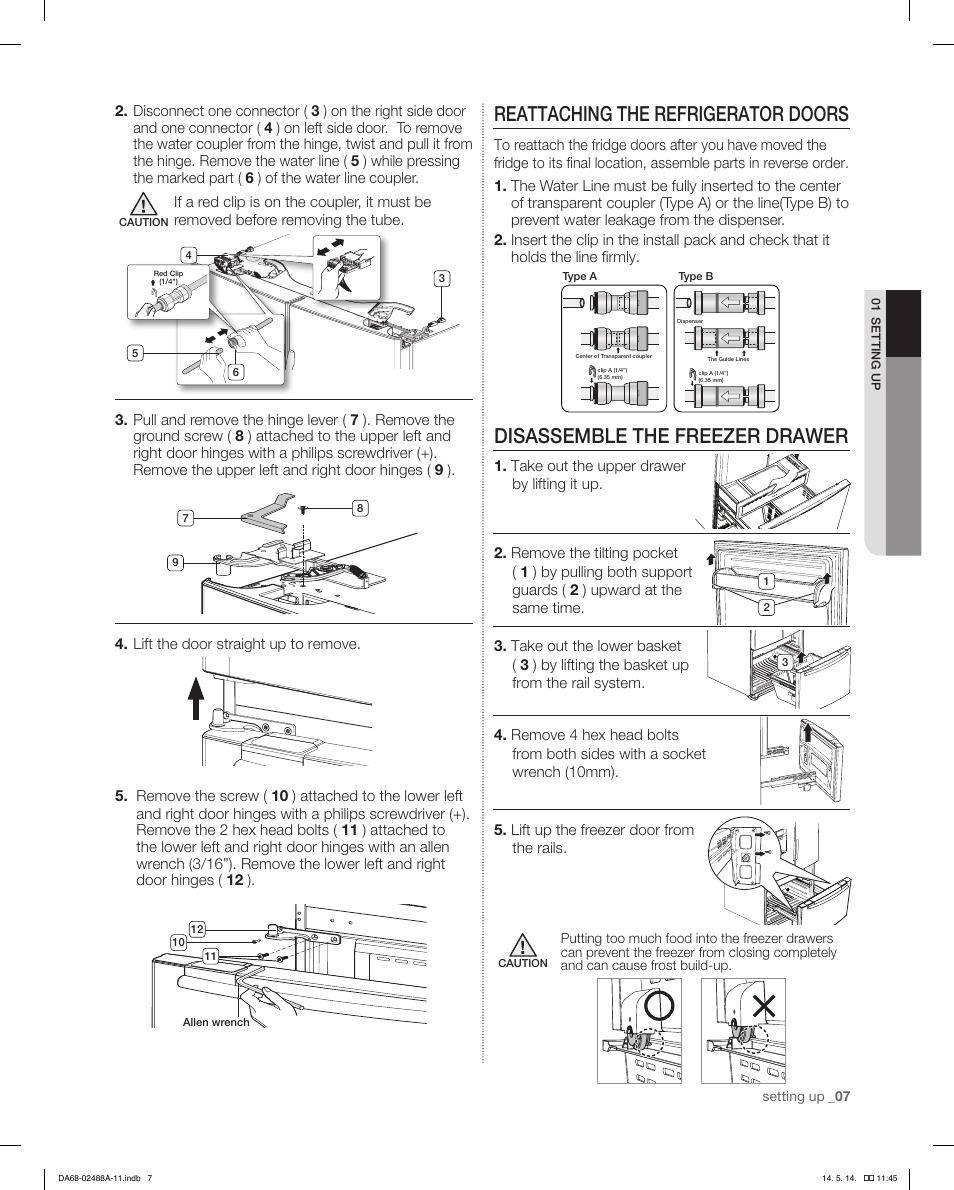 Reattaching the refrigerator doors, Disassemble the freezer drawer | Samsung RFG298HDRS-XAA User Manual | Page 7 / 80