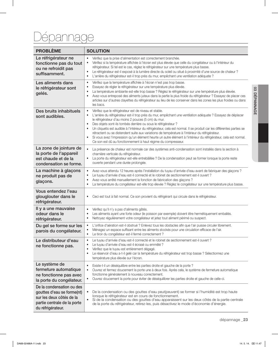 Dépannage | Samsung RFG298HDRS-XAA User Manual | Page 75 / 80