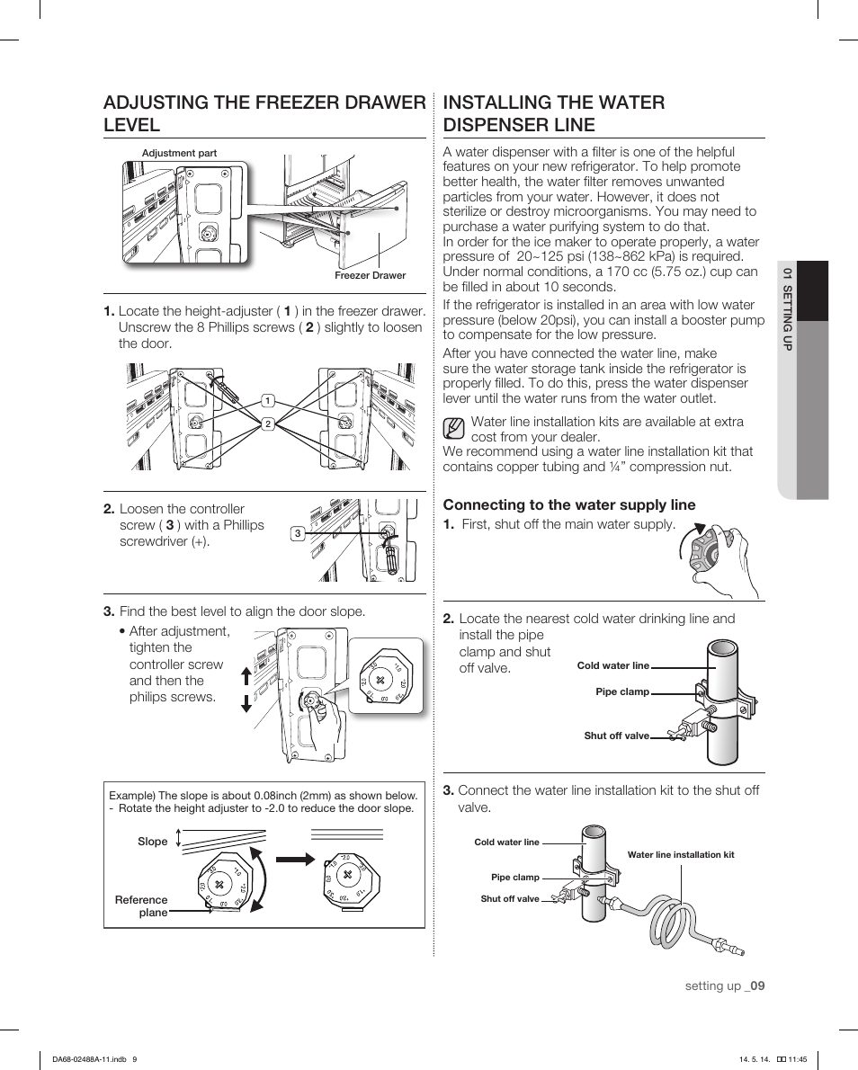 Adjusting the freezer drawer level, Installing the water dispenser line | Samsung RFG298HDRS-XAA User Manual | Page 9 / 80